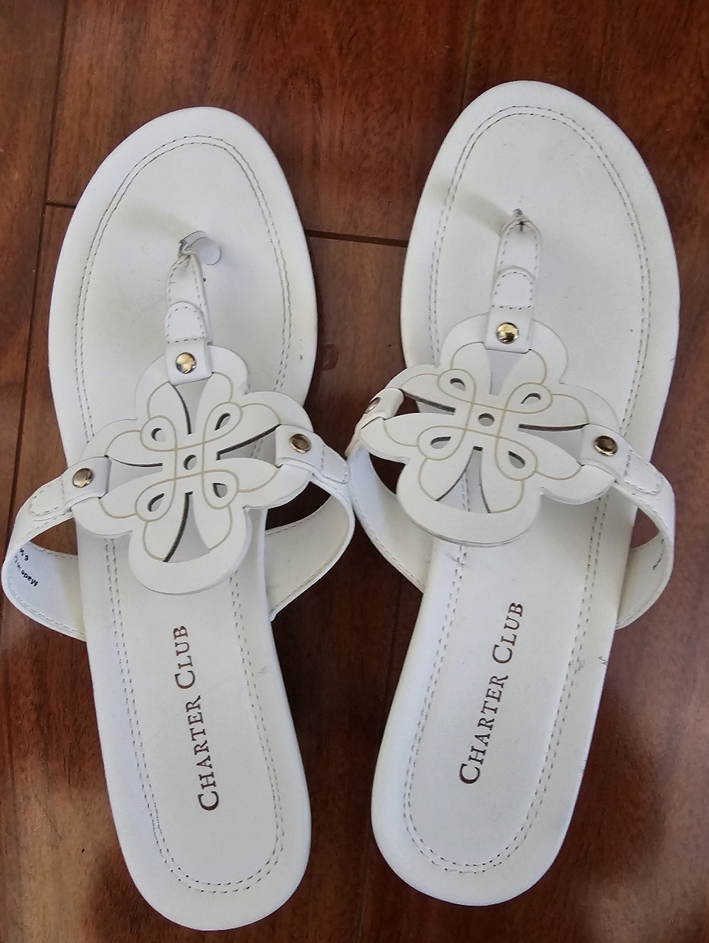 Charter Club White Leather Cutout Medallion Thong Sandals